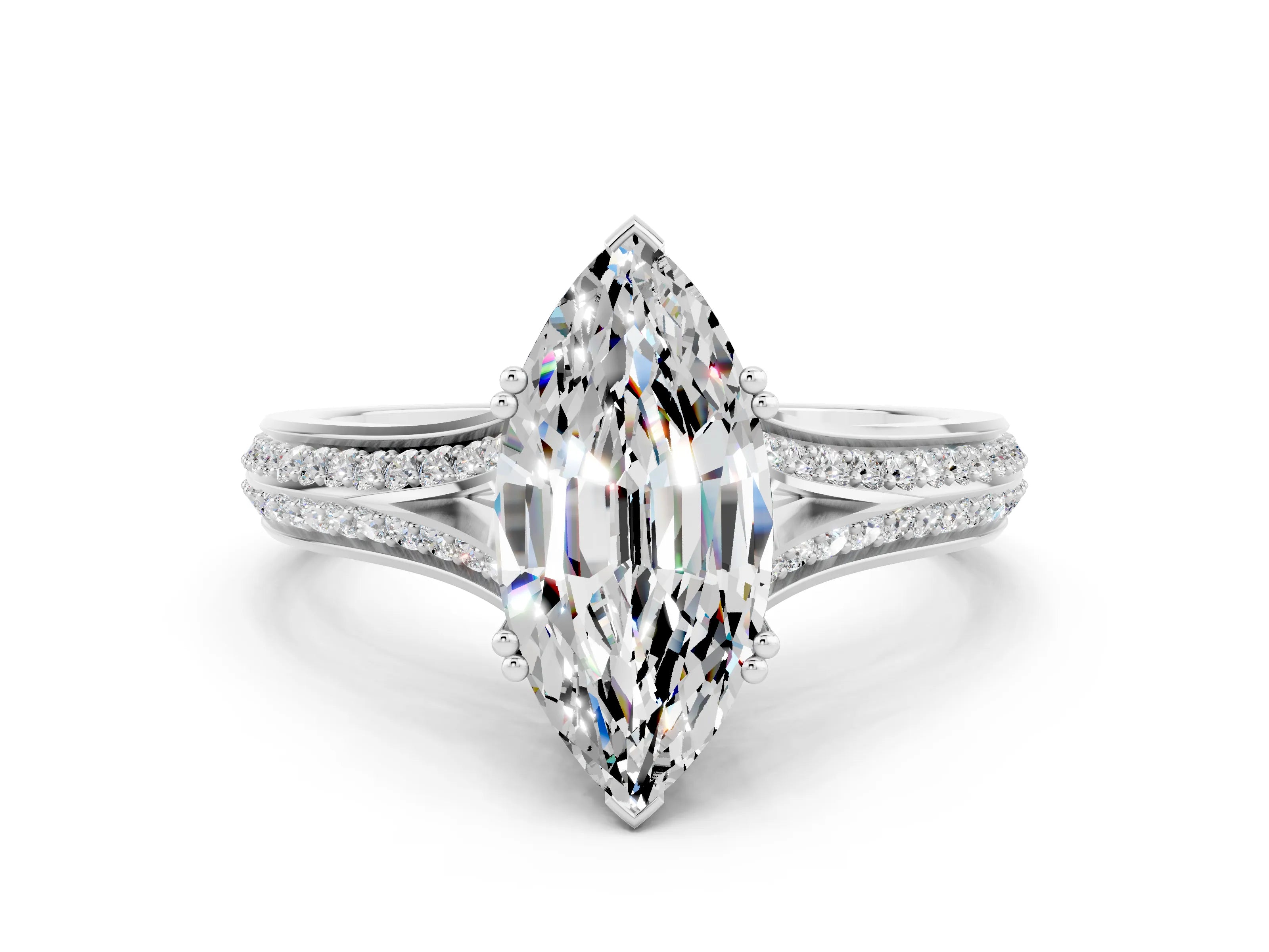 White gold Marquise Cut Moissanite Split Shank Engagement Ring with Pavé Band