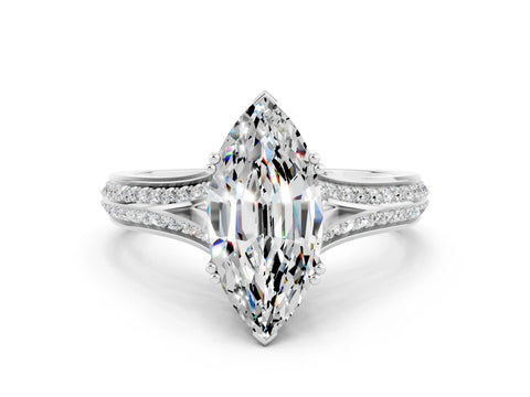 White gold Marquise Cut Moissanite Split Shank Engagement Ring with Pavé Band
