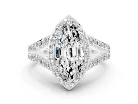 White gold Marquise Cut Moissanite Split Shank Halo Ring with Four-Prong Setting_12