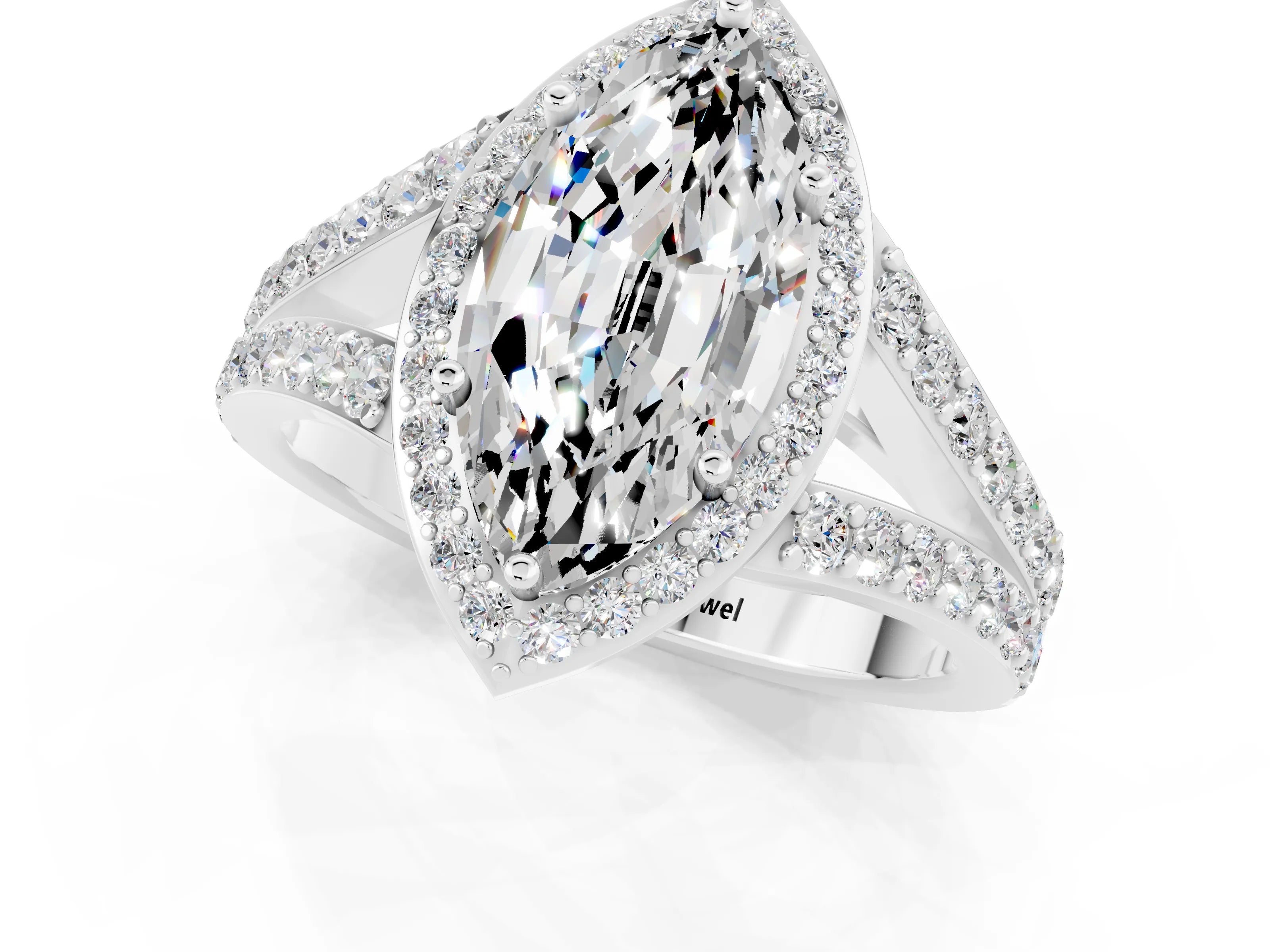 White gold Marquise Cut Moissanite Split Shank Halo Ring with Four-Prong Setting_13