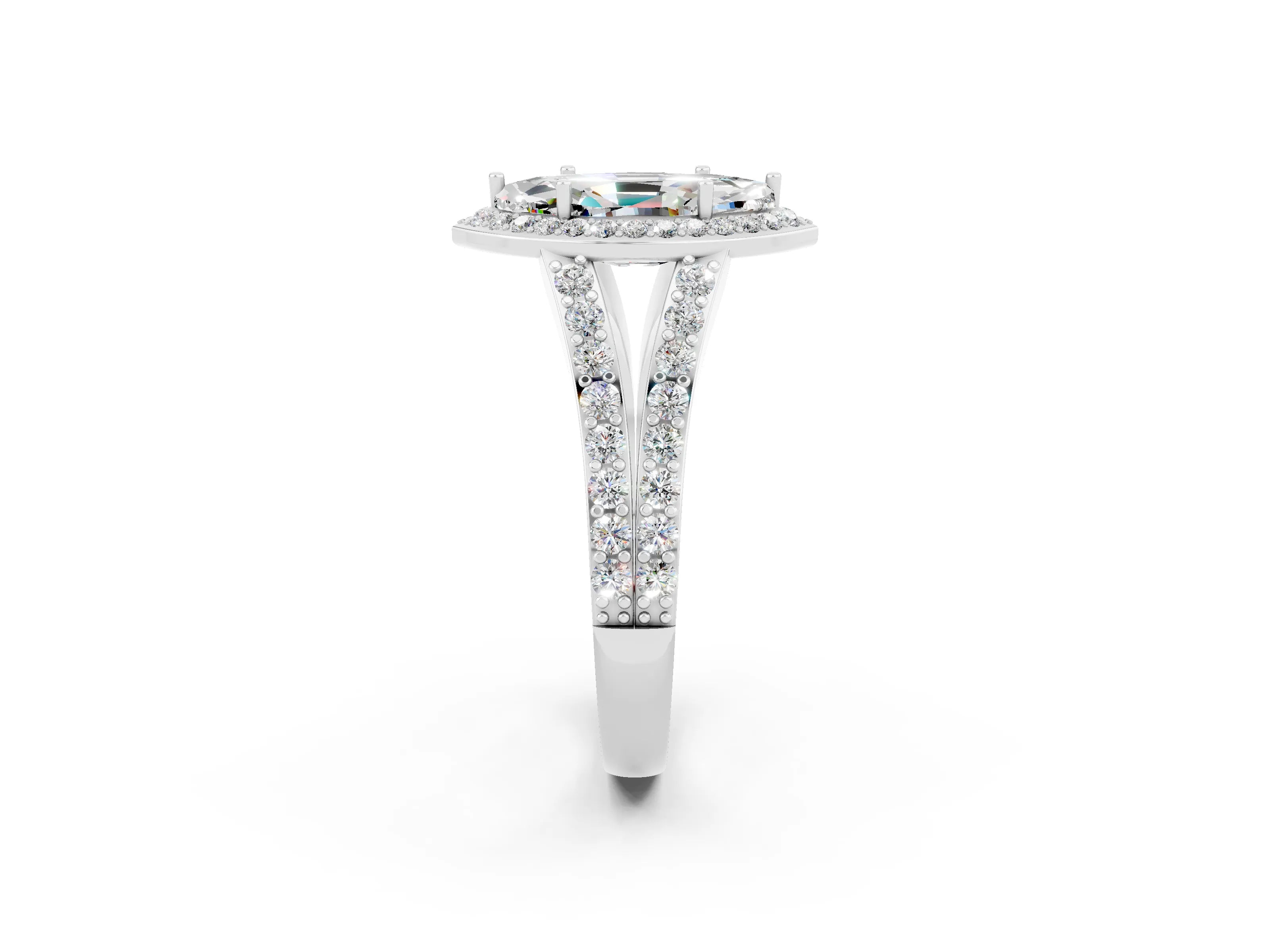 White gold Marquise Cut Moissanite Split Shank Halo Ring with Four-Prong Setting_14