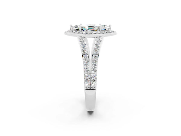 Silver Marquise Cut Moissanite Split Shank Halo Ring with Four-Prong Setting