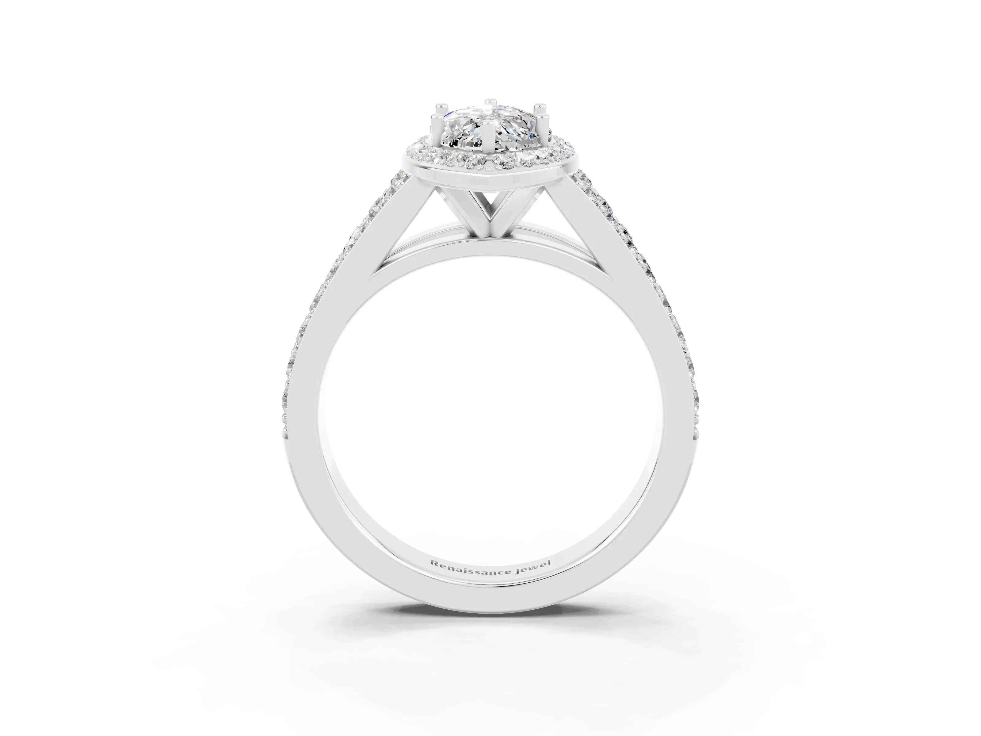 White gold Marquise Cut Moissanite Split Shank Halo Ring with Four-Prong Setting_15