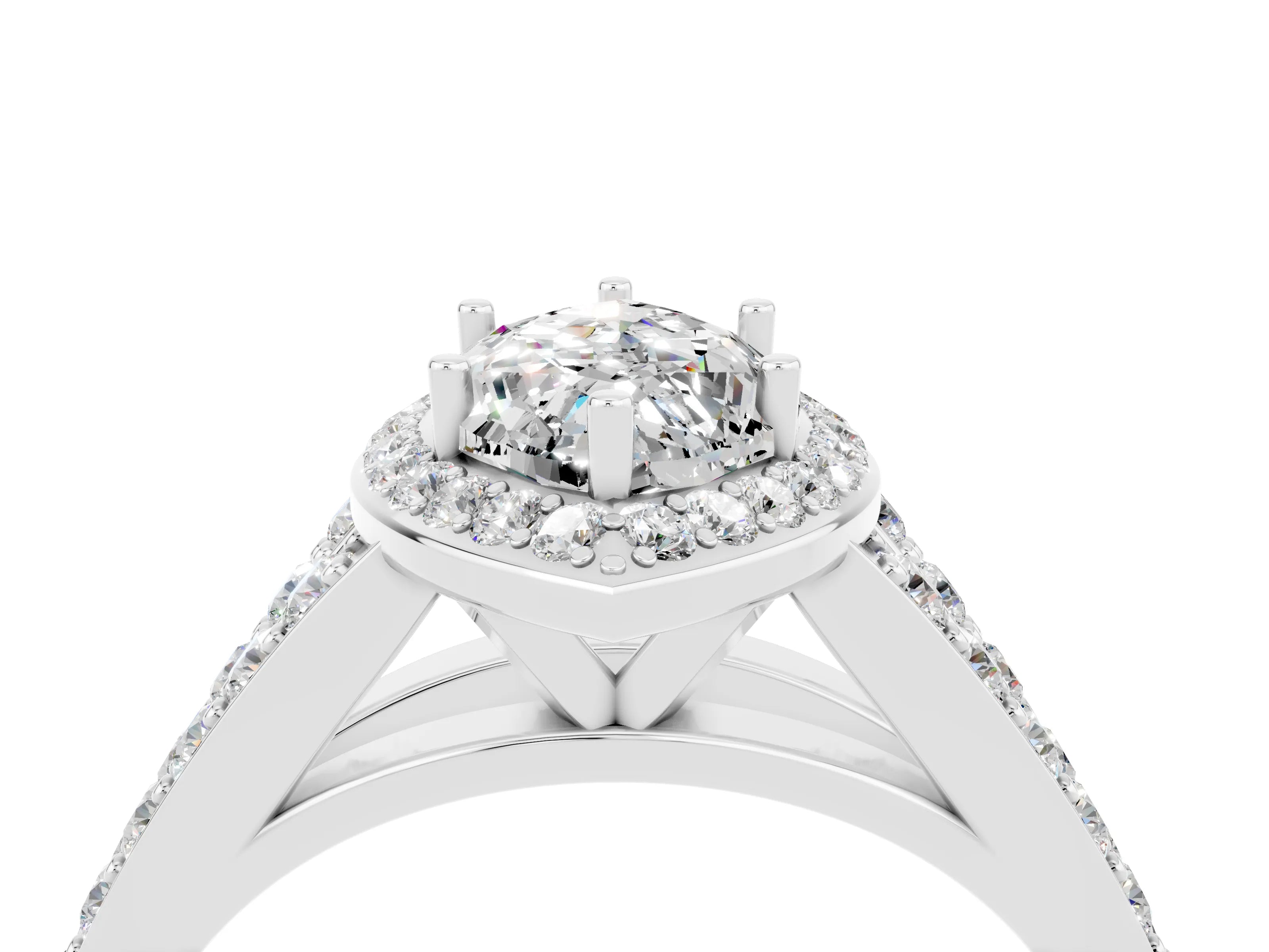 White gold Marquise Cut Moissanite Split Shank Halo Ring with Four-Prong Setting_16