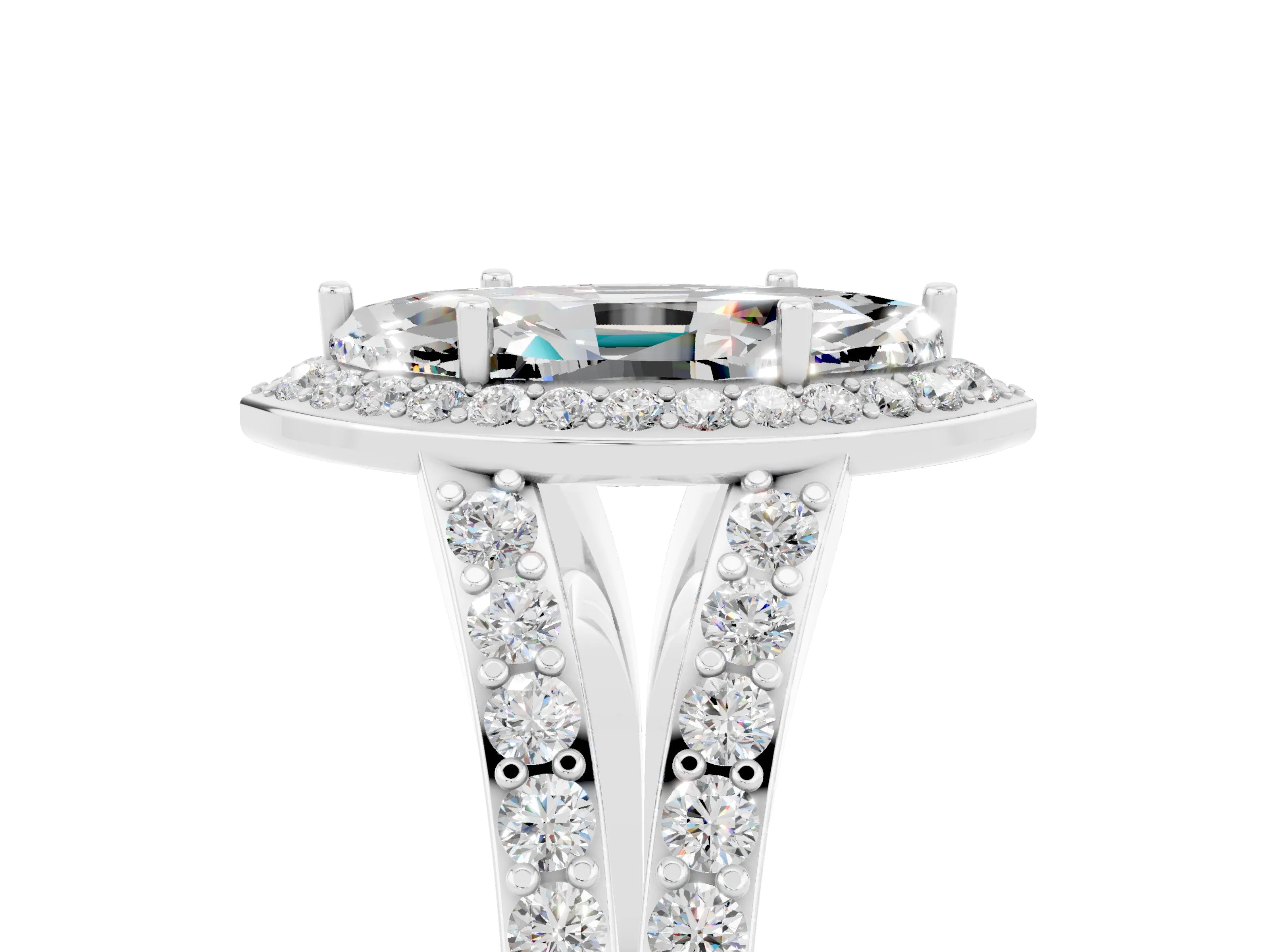 White gold Marquise Cut Moissanite Split Shank Halo Ring with Four-Prong Setting_17