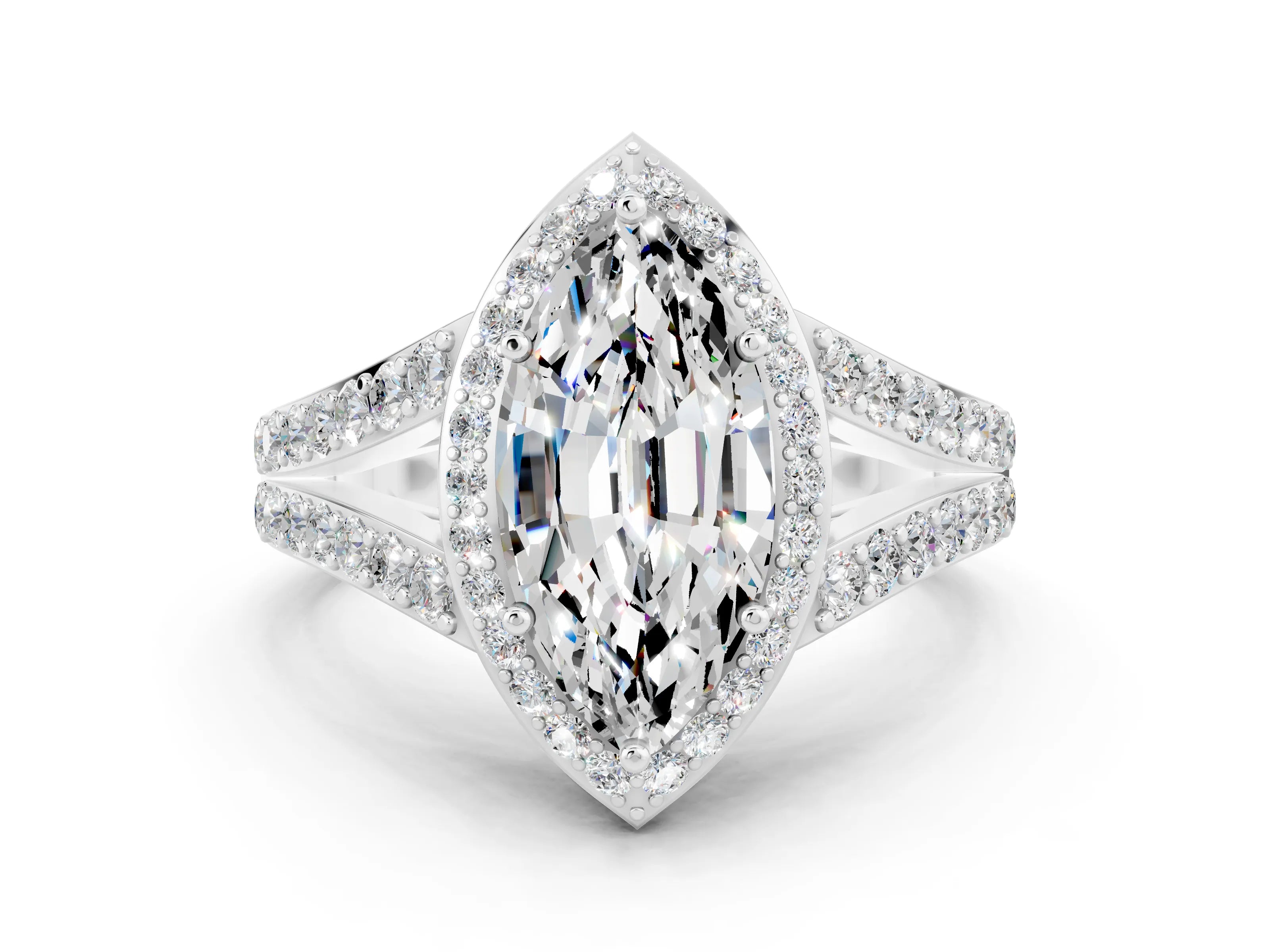 White gold Marquise Cut Moissanite Split Shank Halo Ring with Four-Prong Setting_24
