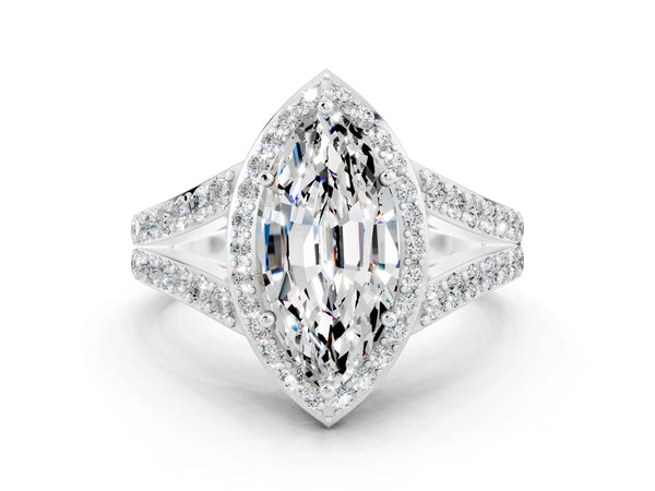 White gold Marquise Cut Moissanite Split Shank Halo Ring with Four-Prong Setting