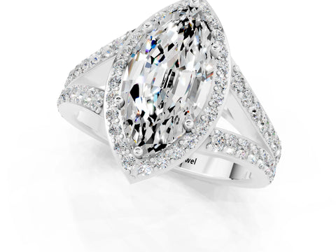 White gold Marquise Cut Moissanite Split Shank Halo Ring with Four-Prong Setting_25