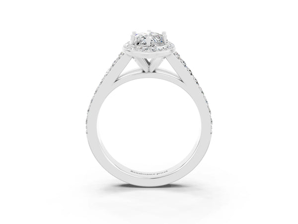 White gold Marquise Cut Moissanite Split Shank Halo Ring with Four-Prong Setting