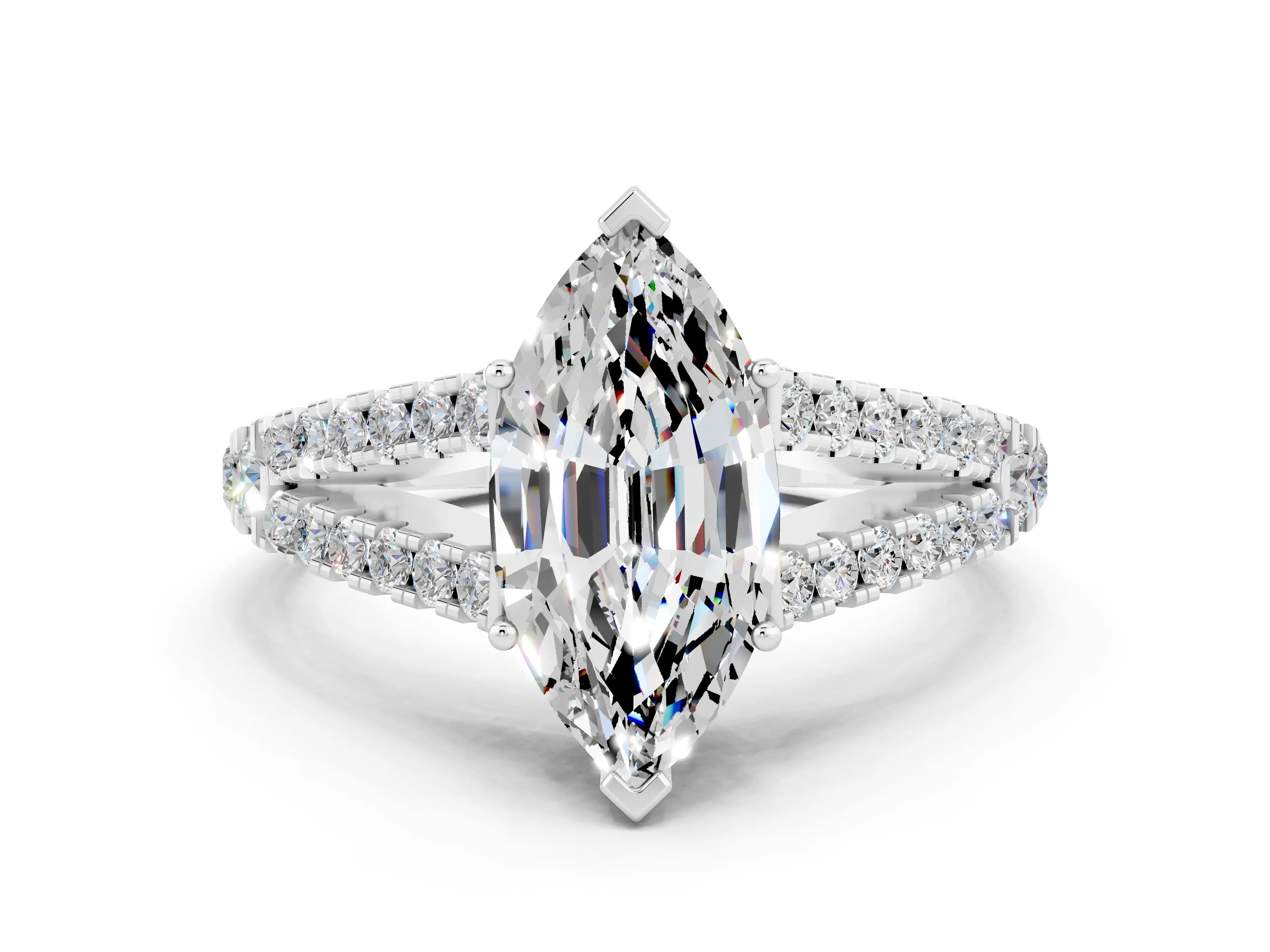 White gold Marquise Cut Moissanite Split Shank Pavé Engagement Ring with Four-Prong Setting_12