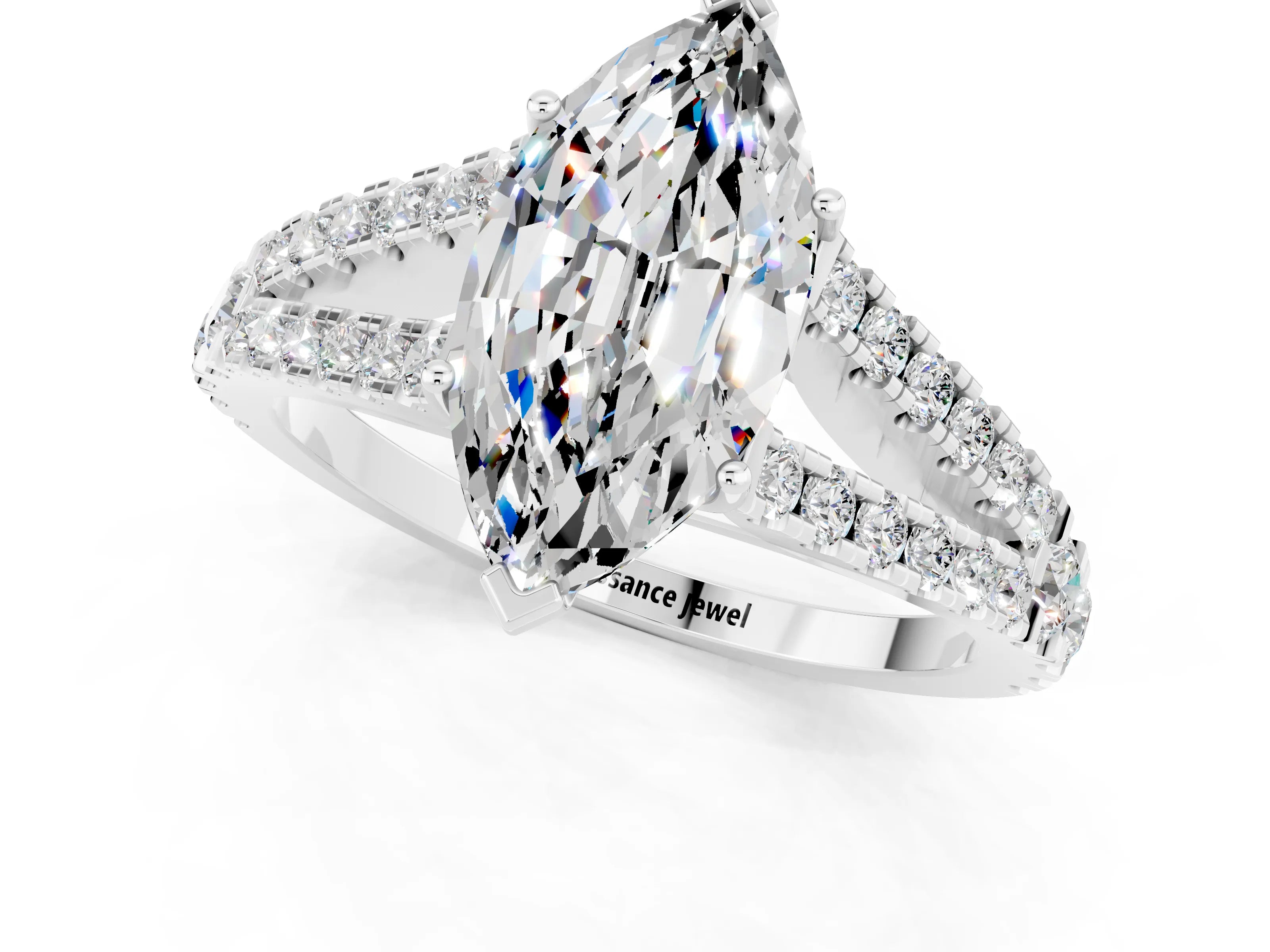 White gold Marquise Cut Moissanite Split Shank Pavé Engagement Ring with Four-Prong Setting_13