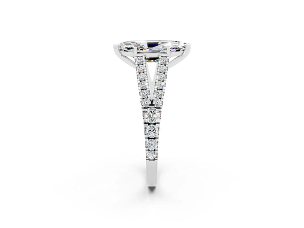 Silver Marquise Cut Moissanite Split Shank Pavé Engagement Ring with Four-Prong Setting