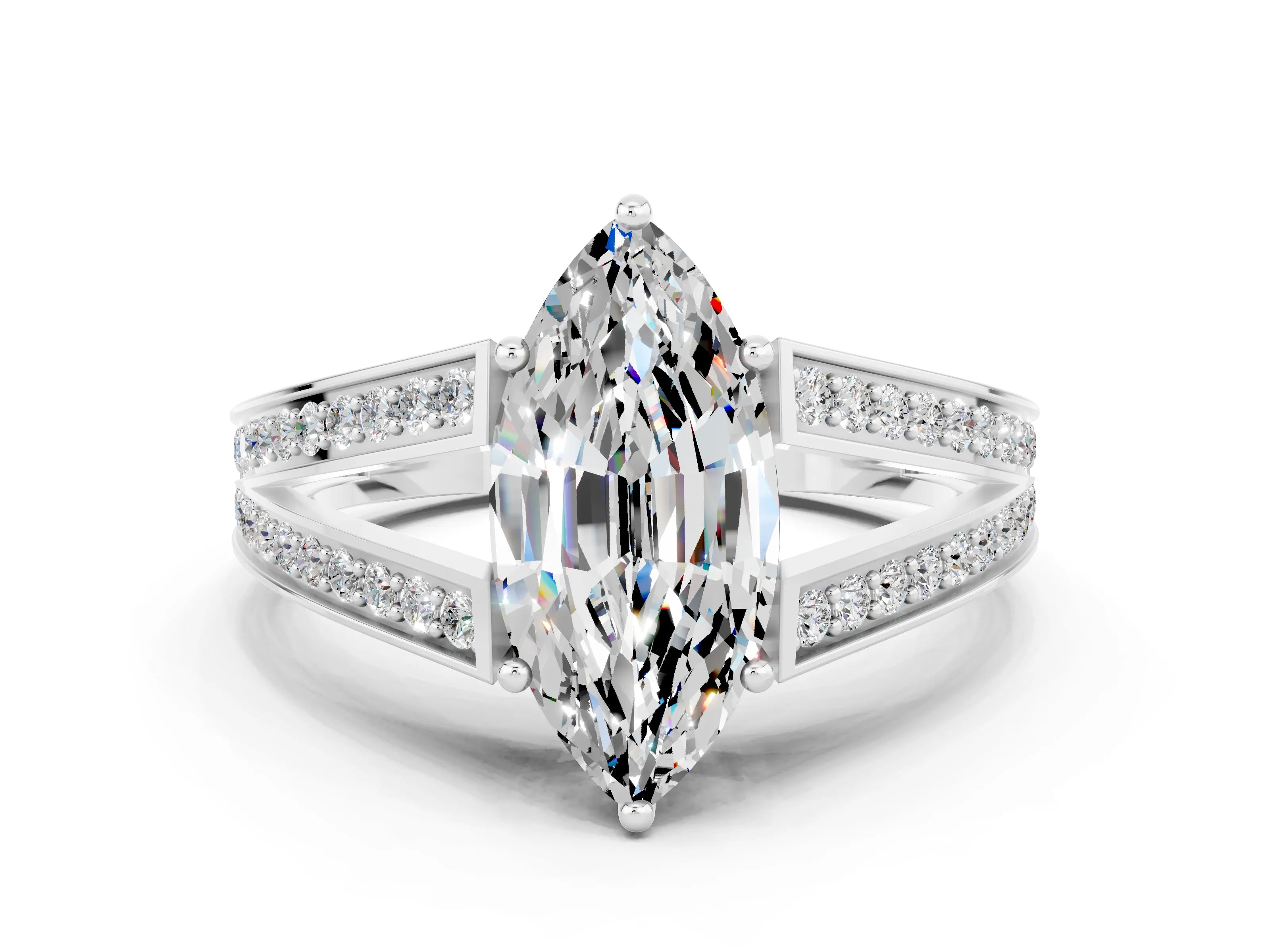 White gold Marquise Cut Moissanite Split Shank Ring with Pavé Band and Four-Prong Setting
