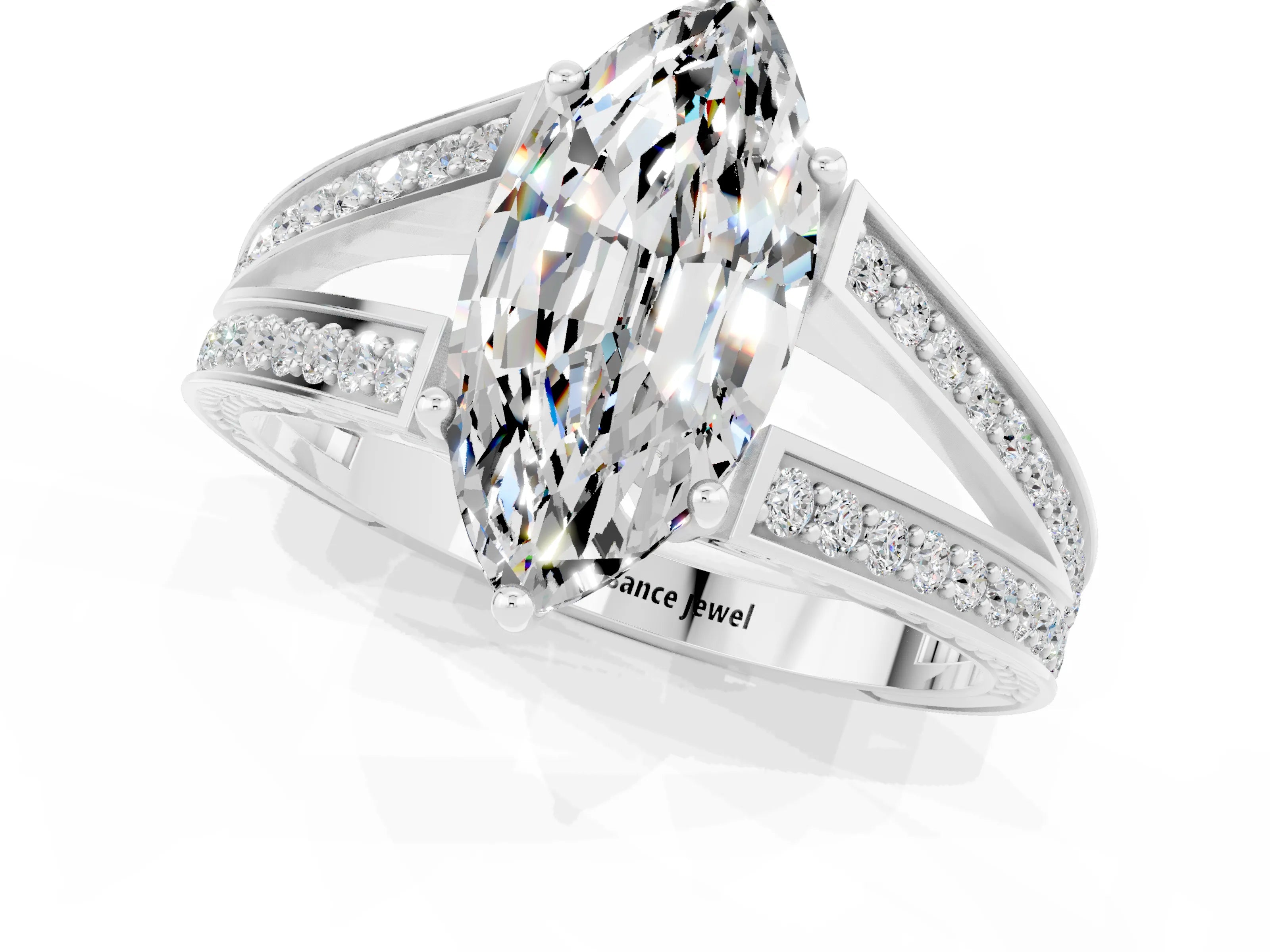 White gold Marquise Cut Moissanite Split Shank Ring with Pavé Band and Four-Prong Setting_1