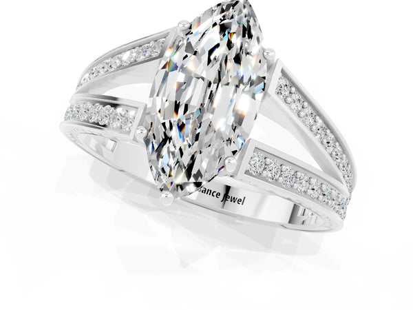 Silver Marquise Cut Moissanite Split Shank Ring with Pavé Band and Four-Prong Setting