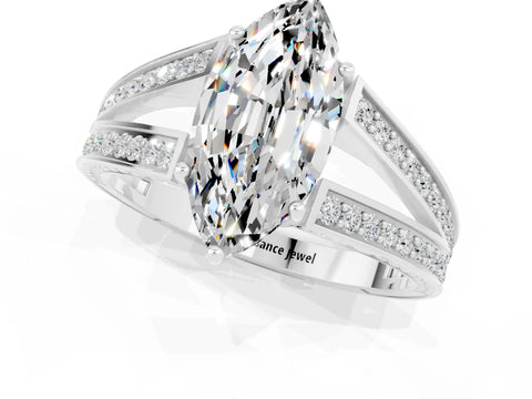 White gold Marquise Cut Moissanite Split Shank Ring with Pavé Band and Four-Prong Setting_1