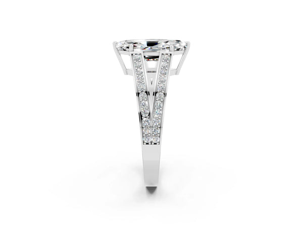 Platinum Marquise Cut Moissanite Split Shank Ring with Pavé Band and Four-Prong Setting