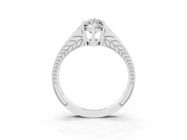 White gold Marquise Cut Moissanite Split Shank Ring with Pavé Band and Four-Prong Setting