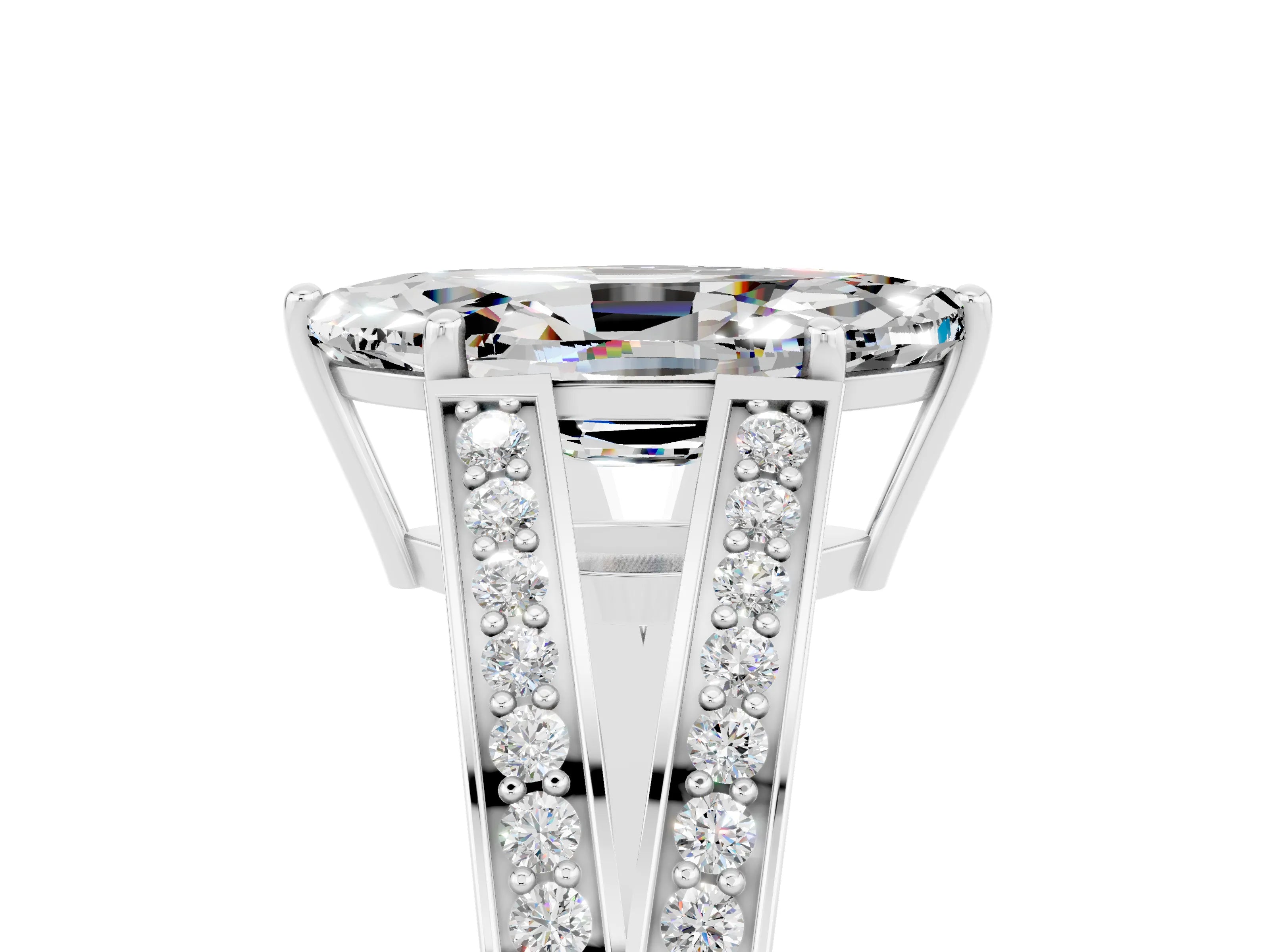 White gold Marquise Cut Moissanite Split Shank Ring with Pavé Band and Four-Prong Setting_5