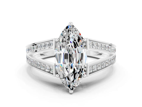 White gold Marquise Cut Moissanite Split Shank Ring with Pavé Band and Four-Prong Setting