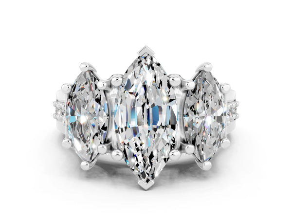 Platinum Marquise Cut Moissanite Three-Stone Ring with Channel Set Band and Four-Prong Setting