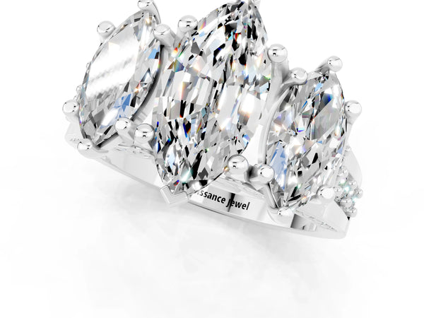 Platinum Marquise Cut Moissanite Three-Stone Ring with Channel Set Band and Four-Prong Setting