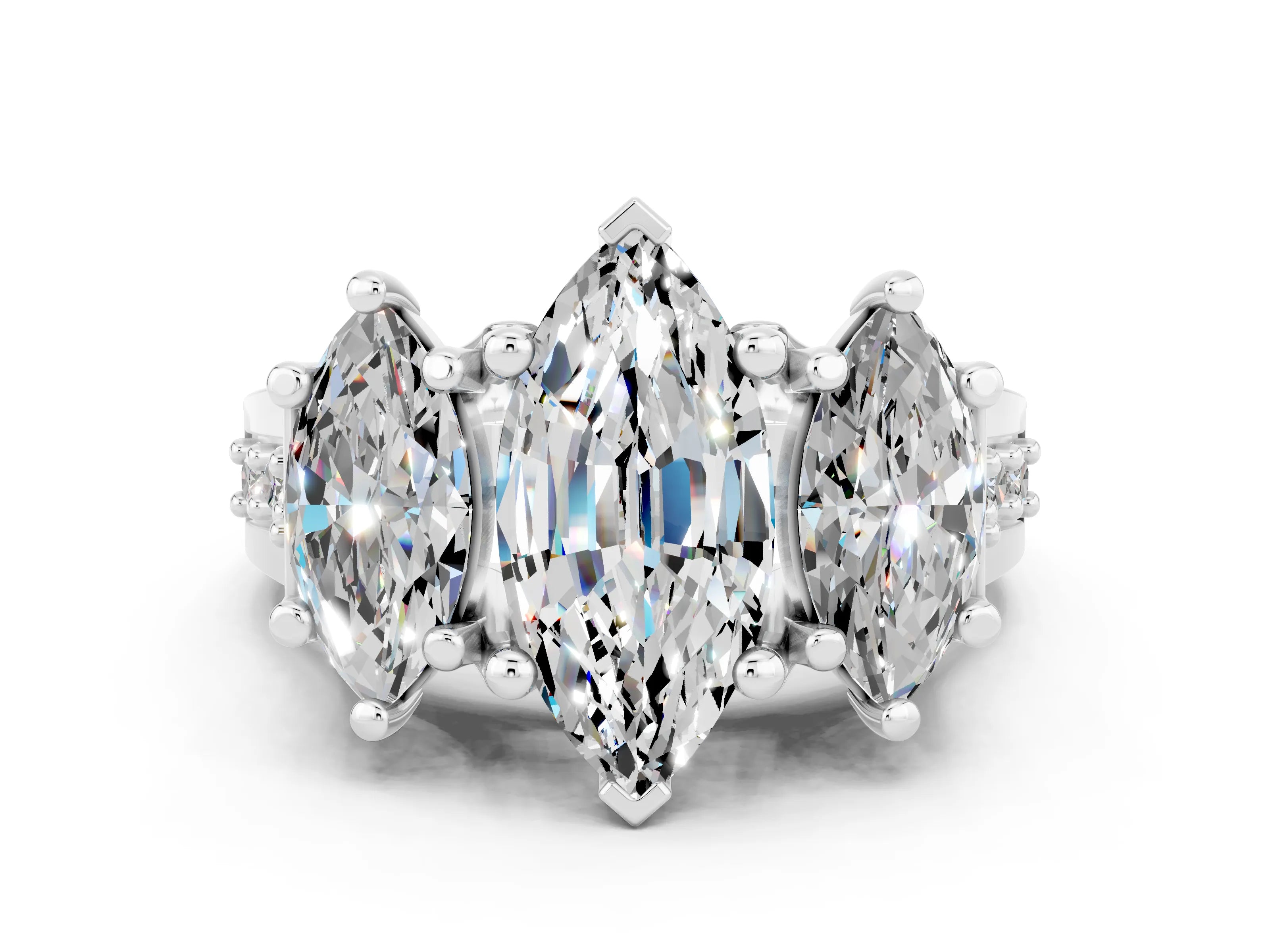 White gold Marquise Cut Moissanite Three-Stone Ring with Channel Set Band and Four-Prong Setting