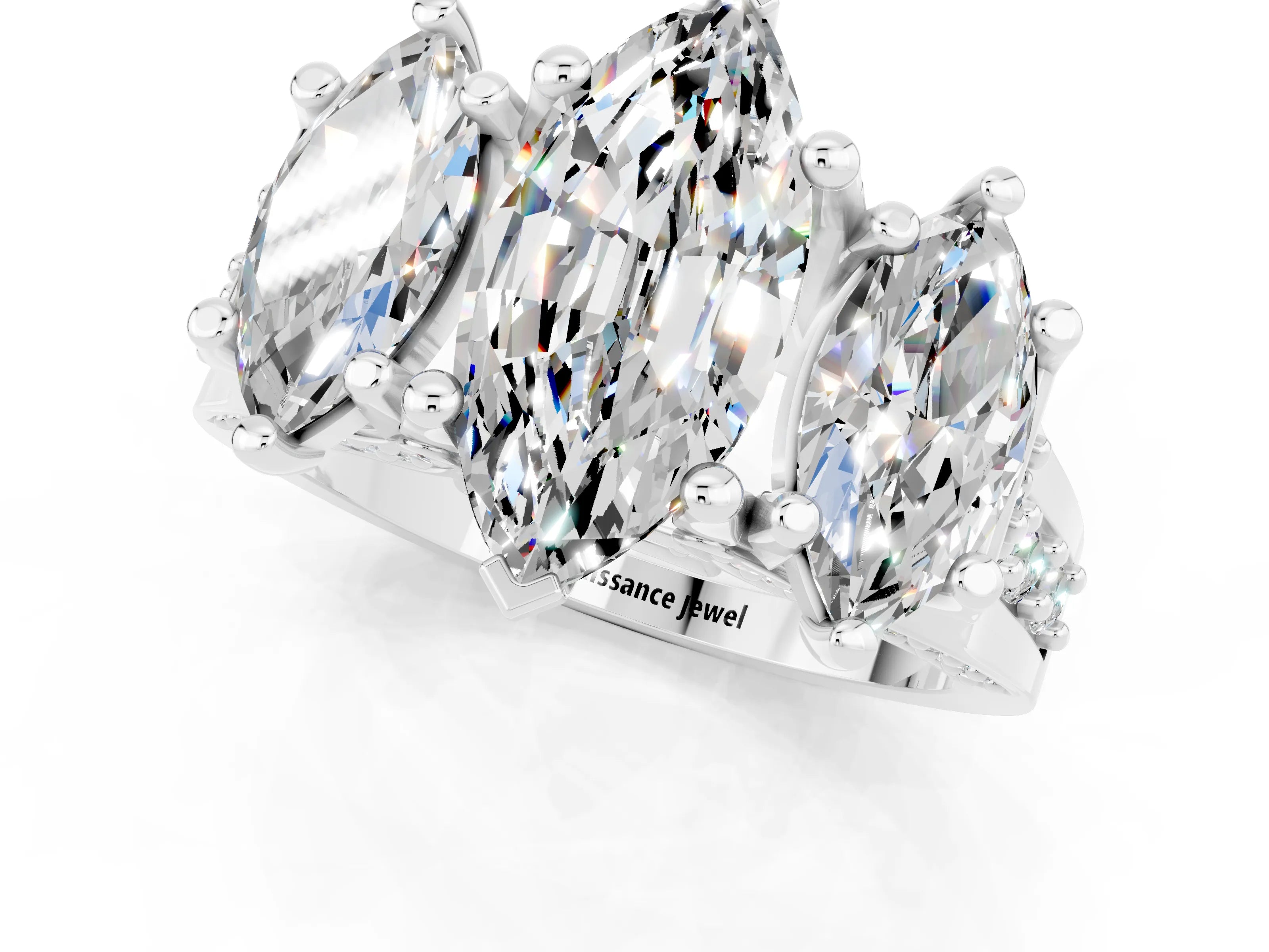 White gold Marquise Cut Moissanite Three-Stone Ring with Channel Set Band and Four-Prong Setting_1
