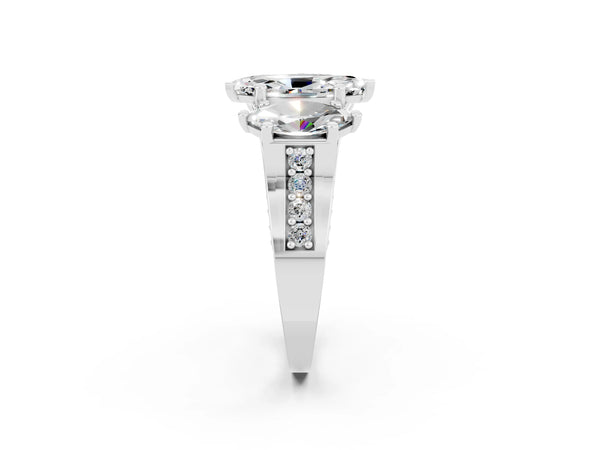 White gold Marquise Cut Moissanite Three-Stone Ring with Channel Set Band and Four-Prong Setting