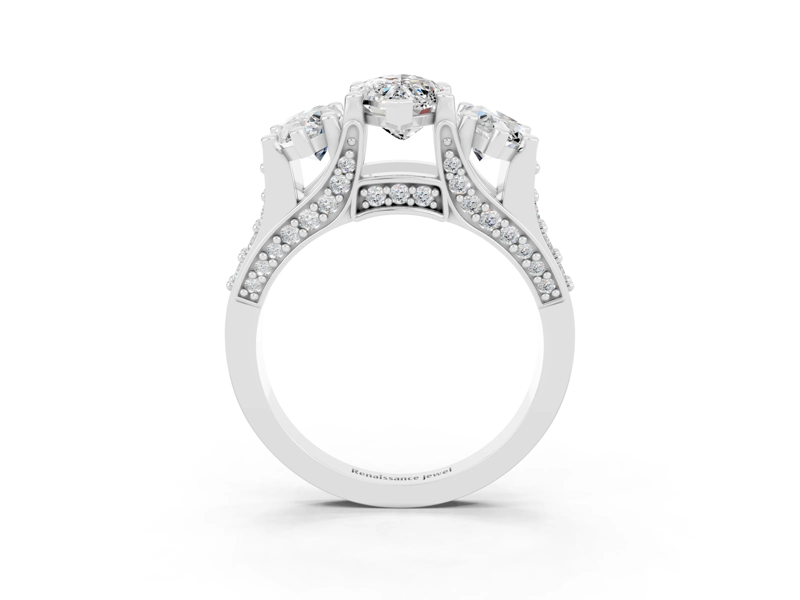 White gold Marquise Cut Moissanite Three-Stone Ring with Channel Set Band and Four-Prong Setting_3