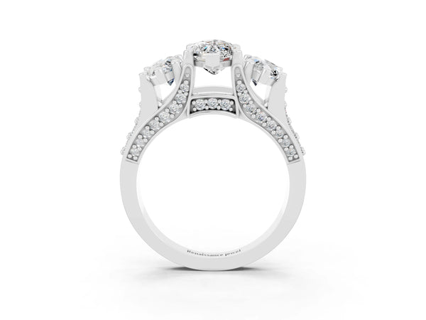 White gold Marquise Cut Moissanite Three-Stone Ring with Channel Set Band and Four-Prong Setting