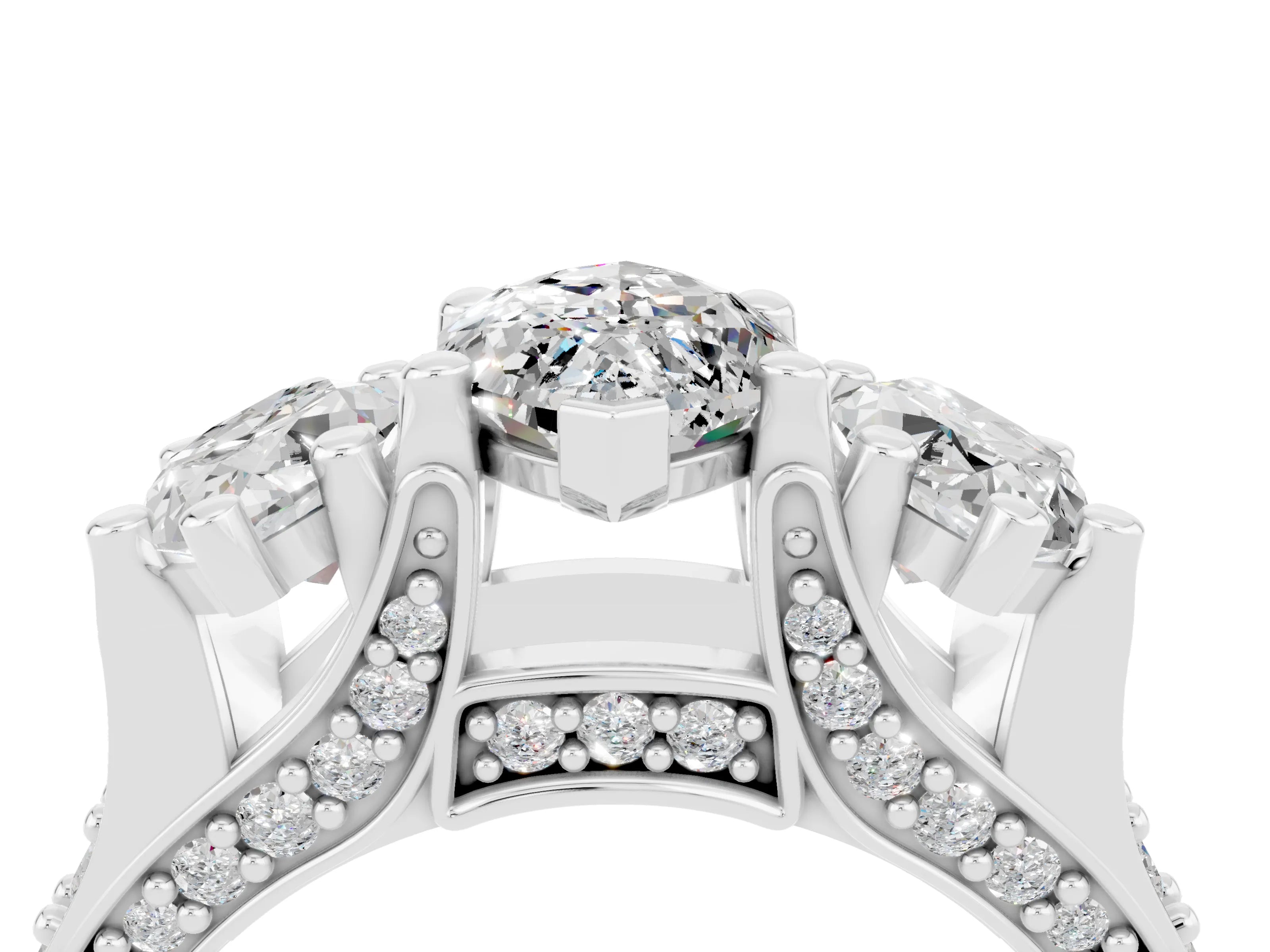 White gold Marquise Cut Moissanite Three-Stone Ring with Channel Set Band and Four-Prong Setting_4