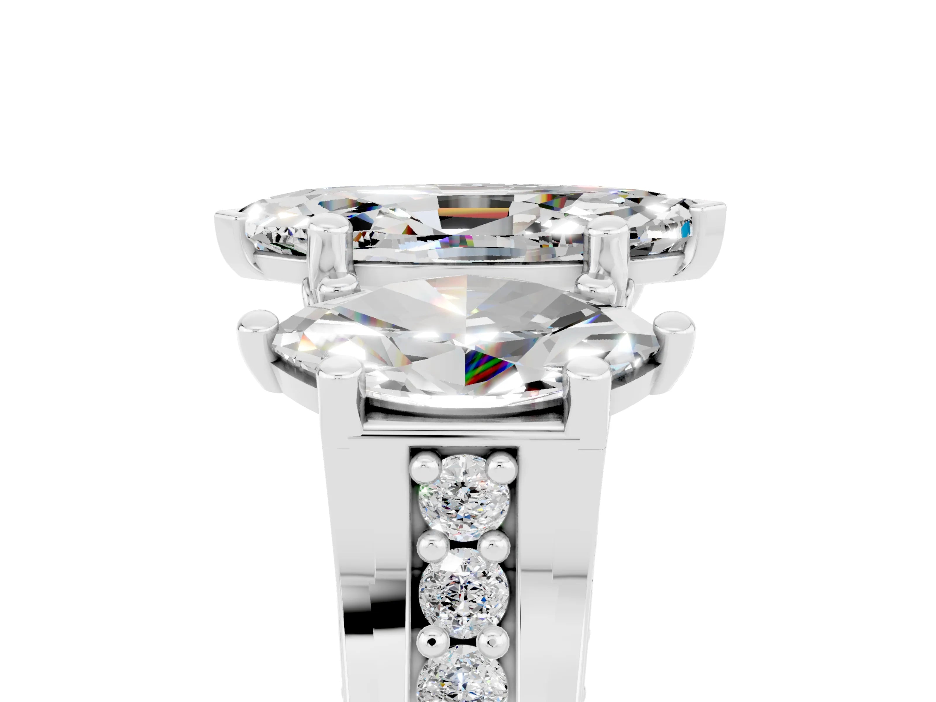 White gold Marquise Cut Moissanite Three-Stone Ring with Channel Set Band and Four-Prong Setting_5
