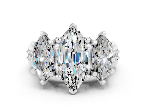 White gold Marquise Cut Moissanite Three-Stone Ring with Channel Set Band and Four-Prong Setting