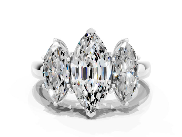 Platinum Marquise Cut Moissanite Three-Stone Ring with Four-Prong Setting and Classic Band
