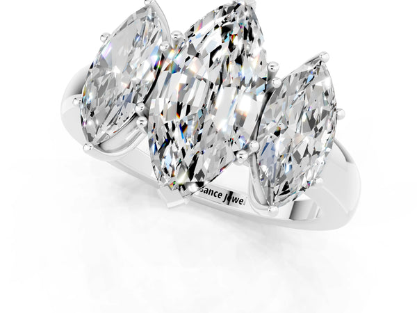 Platinum Marquise Cut Moissanite Three-Stone Ring with Four-Prong Setting and Classic Band