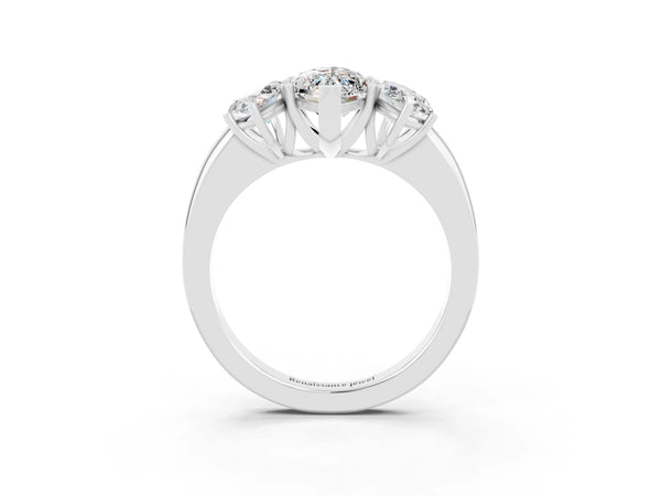 Silver Marquise Cut Moissanite Three-Stone Ring with Four-Prong Setting and Classic Band