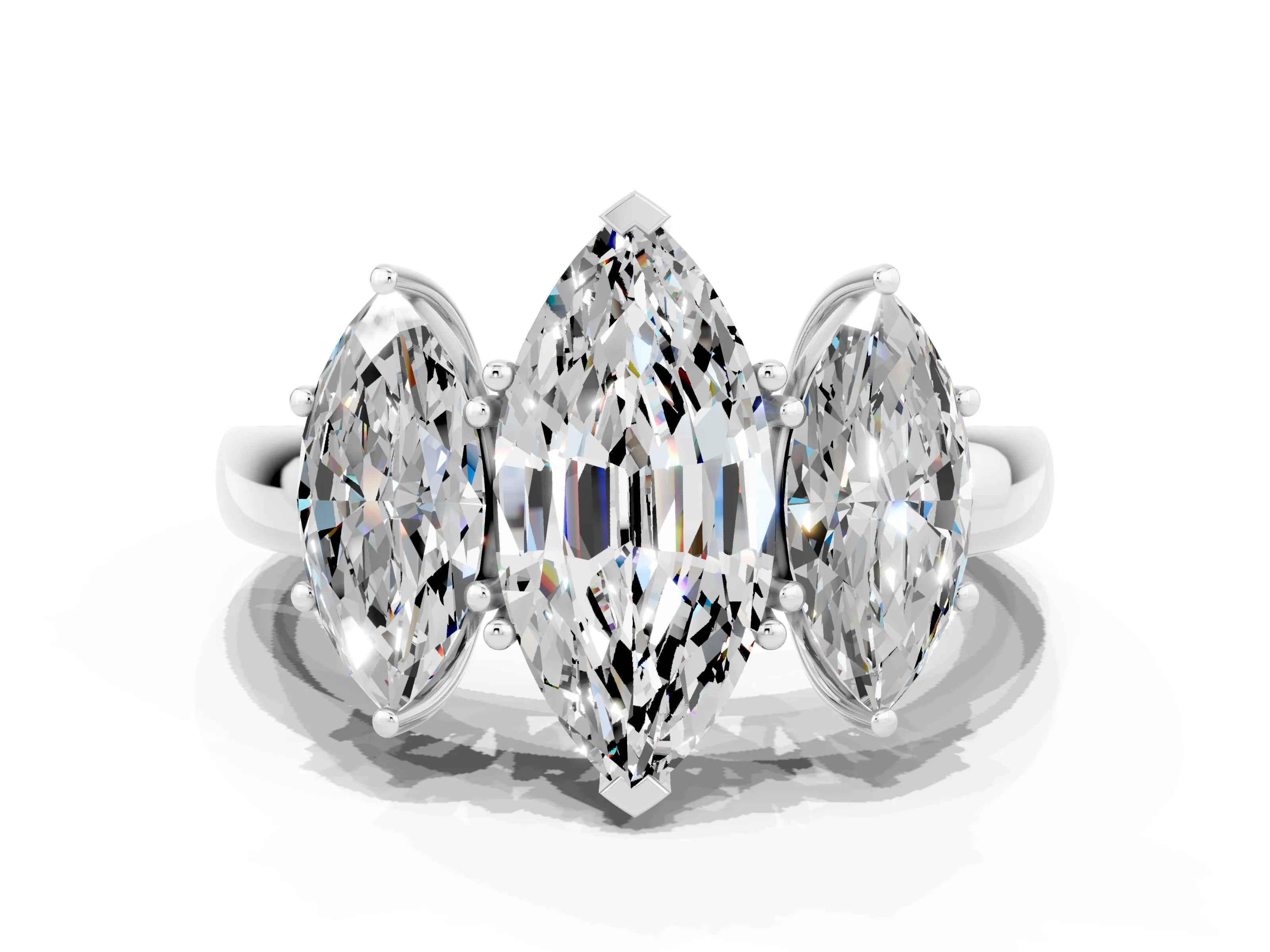 White gold Marquise Cut Moissanite Three-Stone Ring with Four-Prong Setting and Classic Band