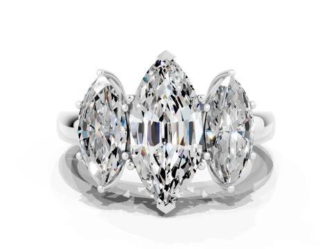 White gold Marquise Cut Moissanite Three-Stone Ring with Four-Prong Setting and Classic Band