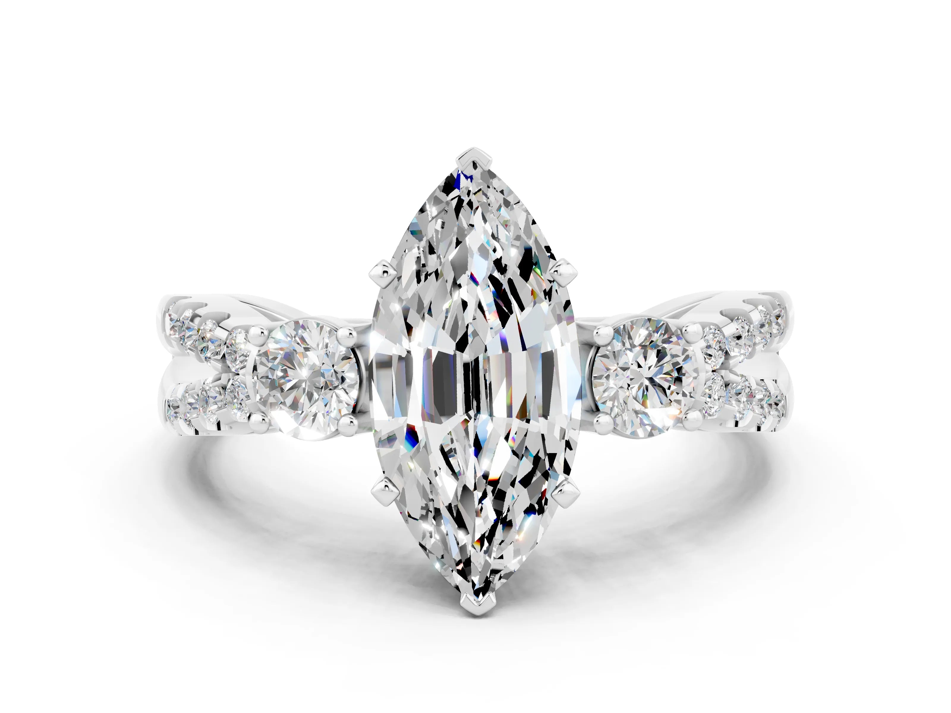 White gold Marquise Cut Moissanite Three-Stone Ring with Pavé Split Shank and Four-Prong Setting_12