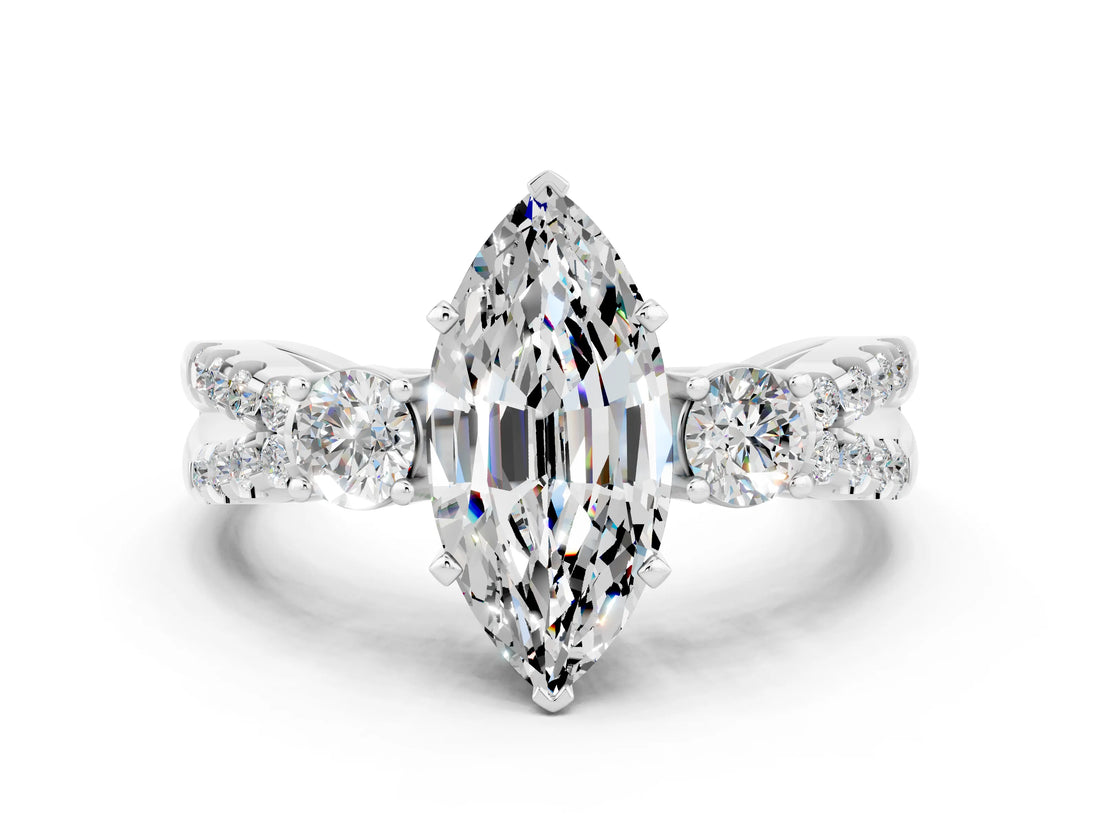 White gold Marquise Cut Moissanite Three-Stone Ring with Pavé Split Shank and Four-Prong Setting_12