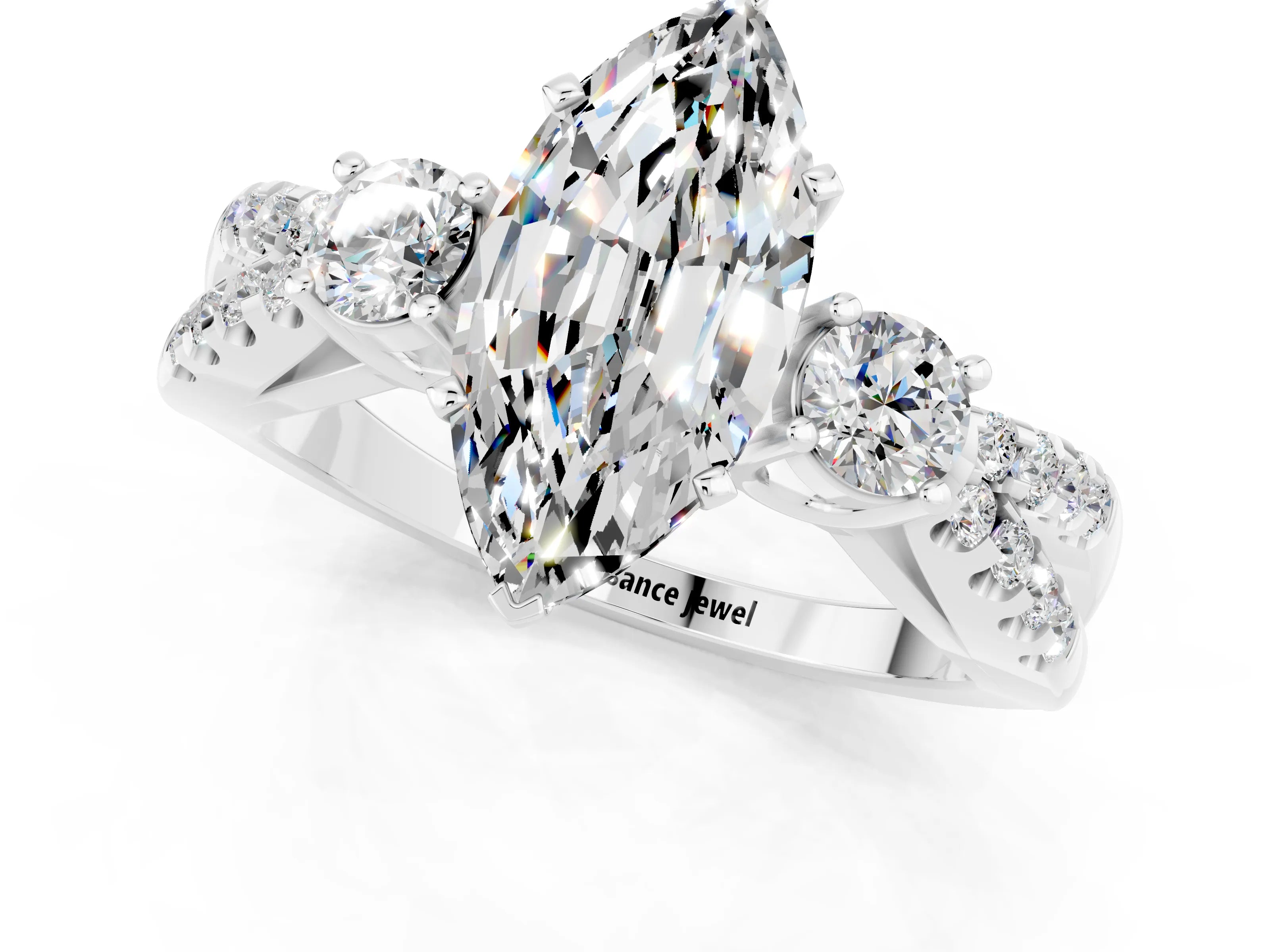 White gold Marquise Cut Moissanite Three-Stone Ring with Pavé Split Shank and Four-Prong Setting_13