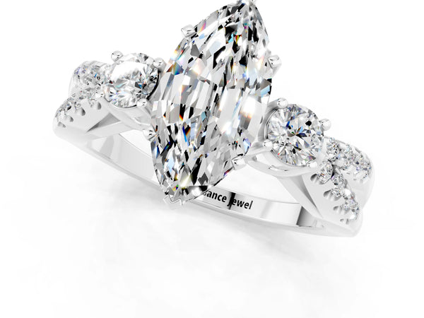 Silver Marquise Cut Moissanite Three-Stone Ring with Pavé Split Shank and Four-Prong Setting