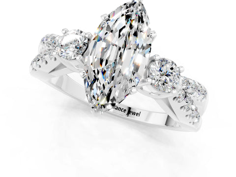 White gold Marquise Cut Moissanite Three-Stone Ring with Pavé Split Shank and Four-Prong Setting_13
