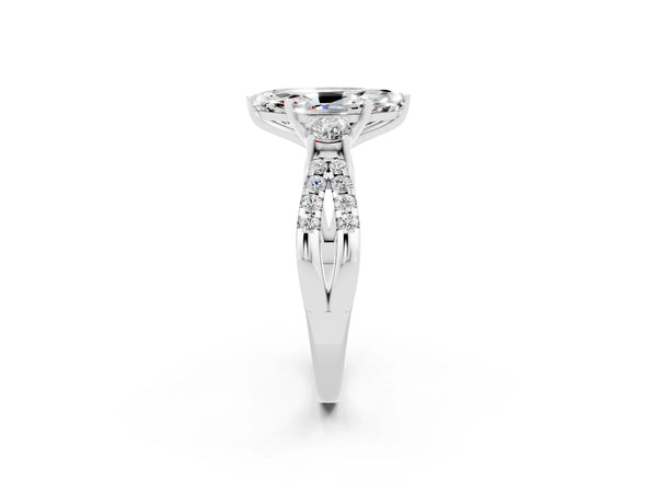 Platinum Marquise Cut Moissanite Three-Stone Ring with Pavé Split Shank and Four-Prong Setting