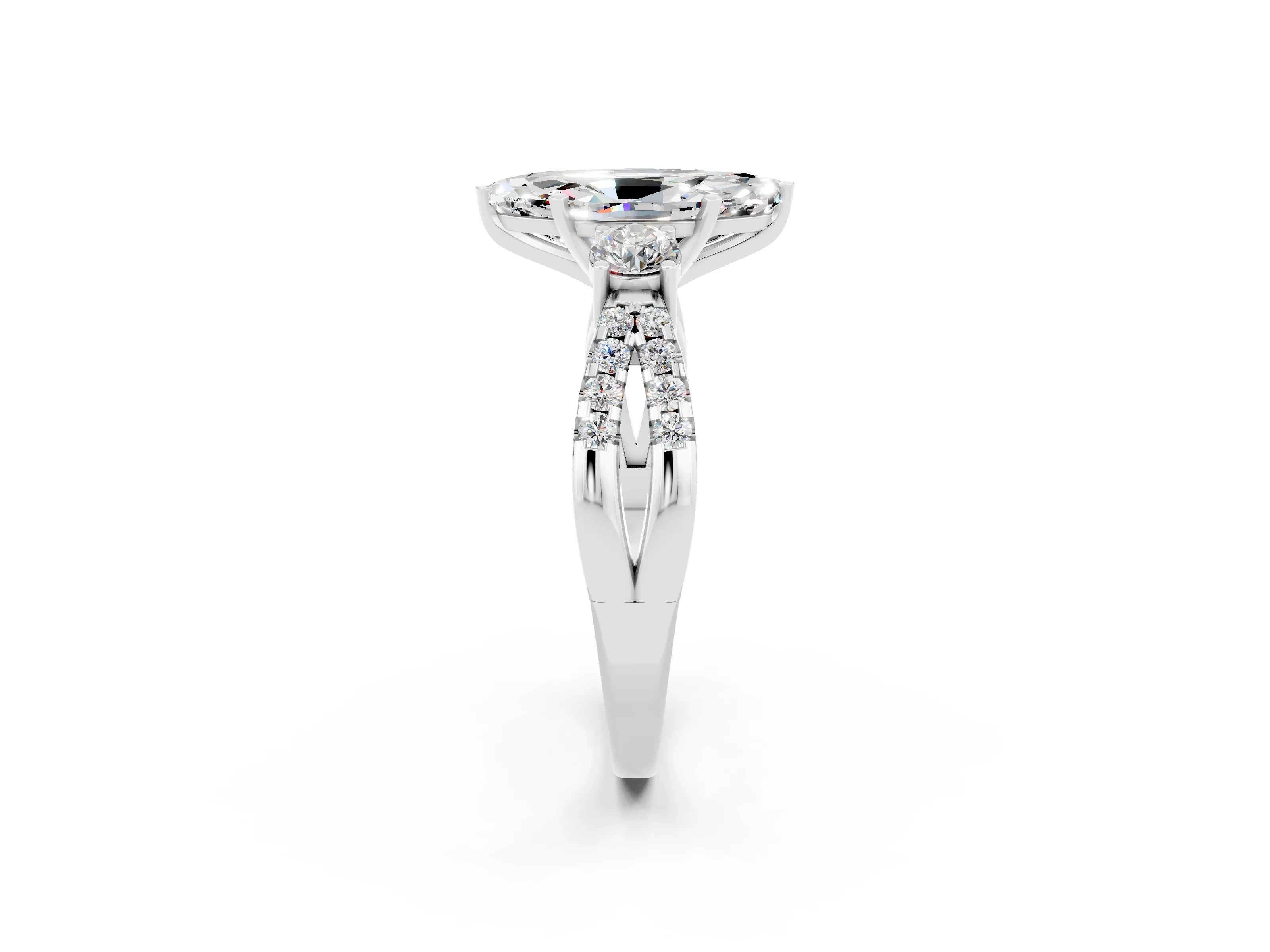 White gold Marquise Cut Moissanite Three-Stone Ring with Pavé Split Shank and Four-Prong Setting_14