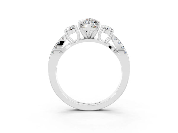 Platinum Marquise Cut Moissanite Three-Stone Ring with Pavé Split Shank and Four-Prong Setting