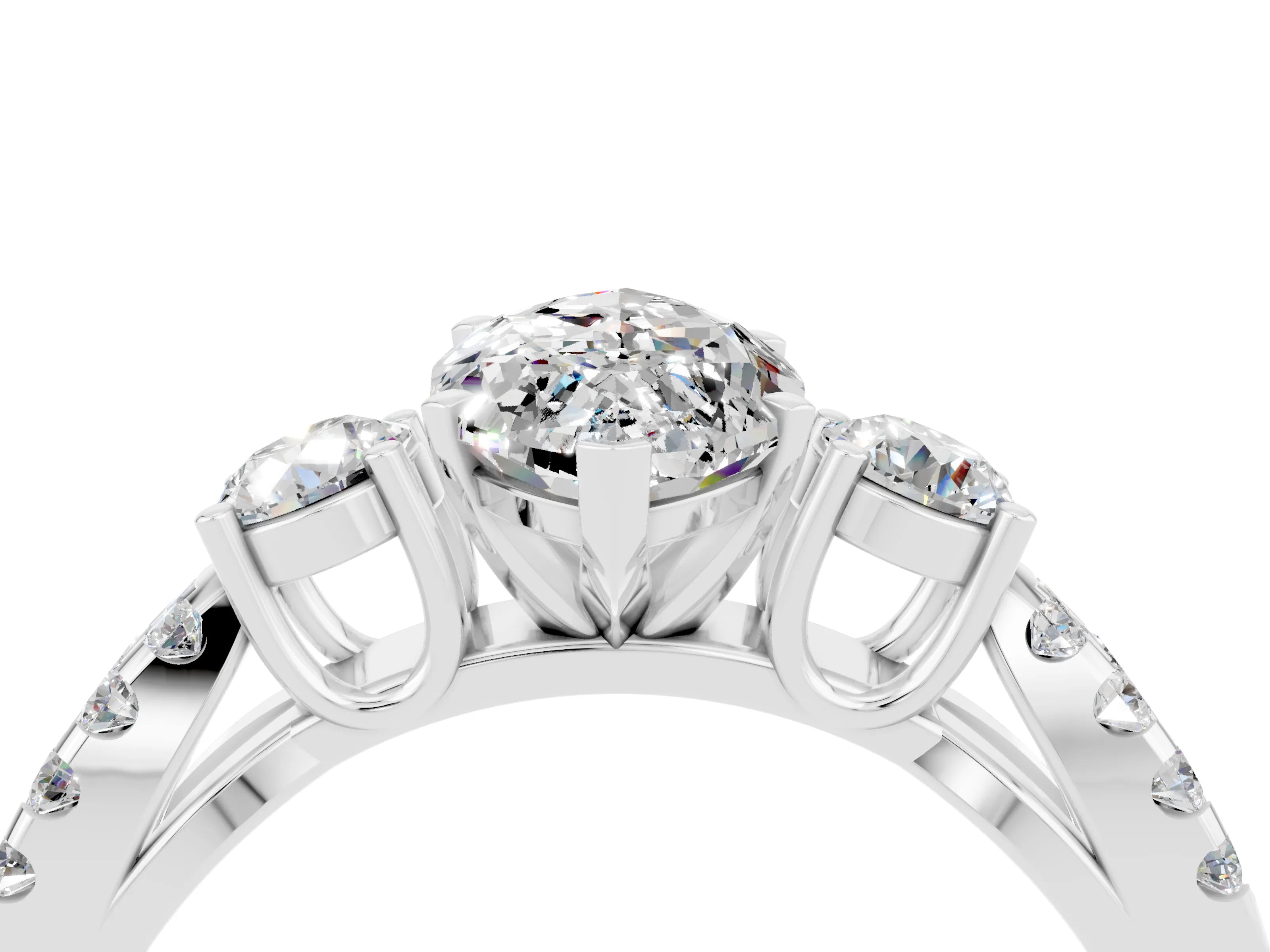 White gold Marquise Cut Moissanite Three-Stone Ring with Pavé Split Shank and Four-Prong Setting_16