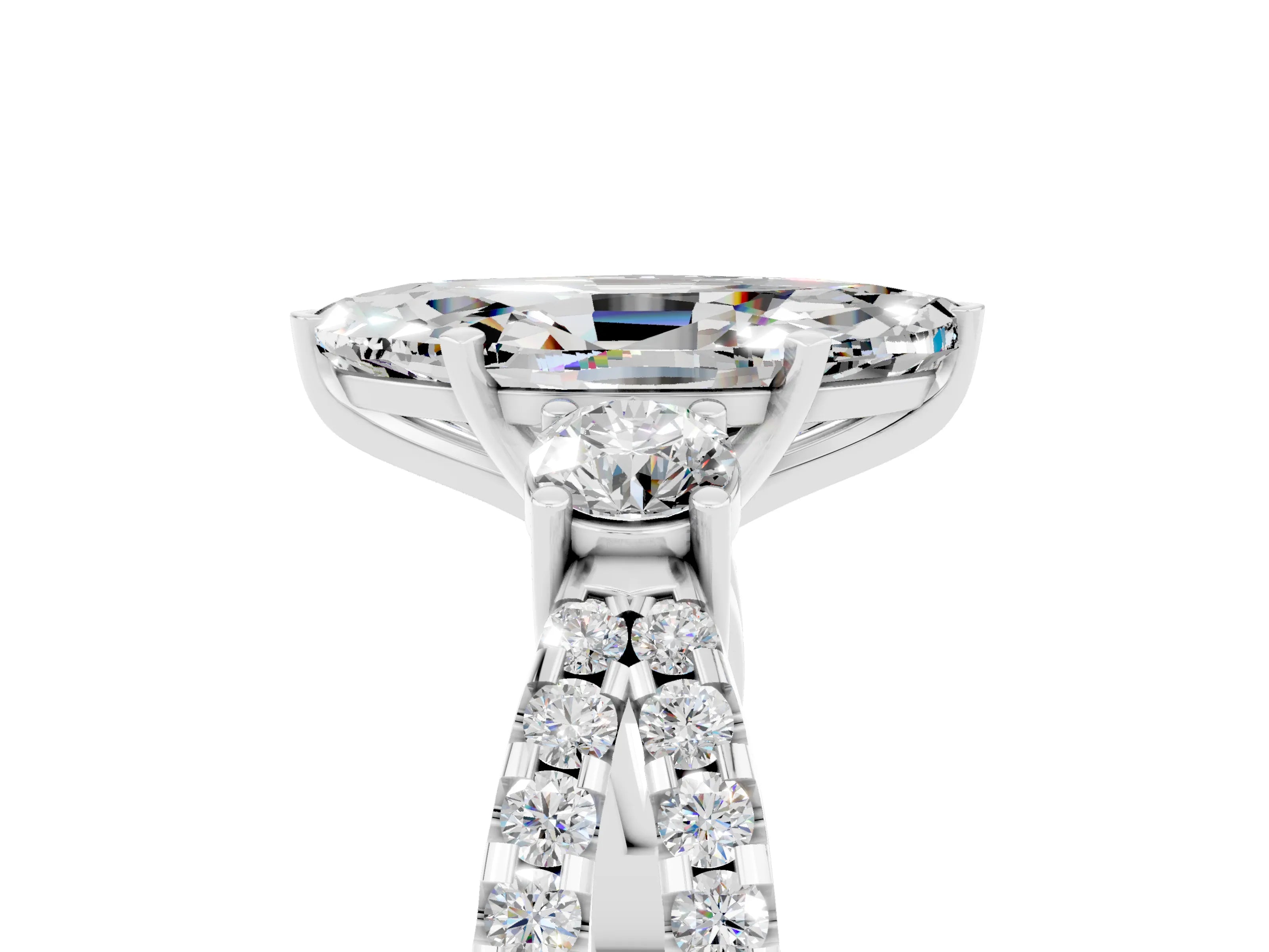 White gold Marquise Cut Moissanite Three-Stone Ring with Pavé Split Shank and Four-Prong Setting_17