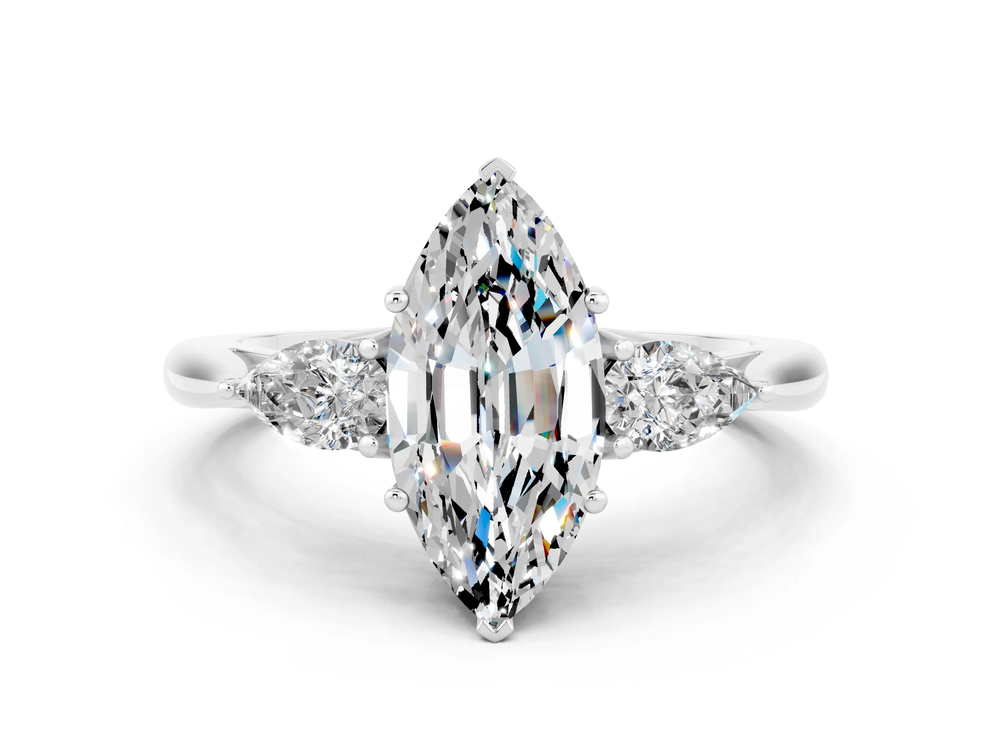 White gold Marquise Cut Moissanite Three-Stone Ring with Pear Side Stones and Four-Prong Setting_12